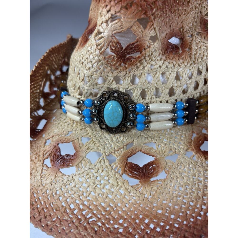 Fluffy Sense Straw Cowboy Hat Women Western Boho Turquoise Beaded Festival NWT - Picture 8 of 10